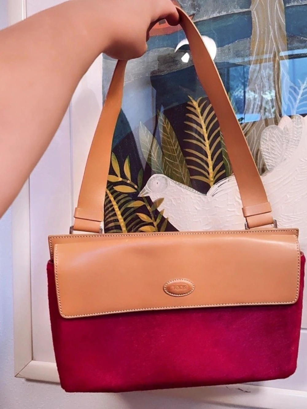 Vintage Tod’s Red Pony Hair & Tan Leather East-West Shoulder Bag Designer Purse